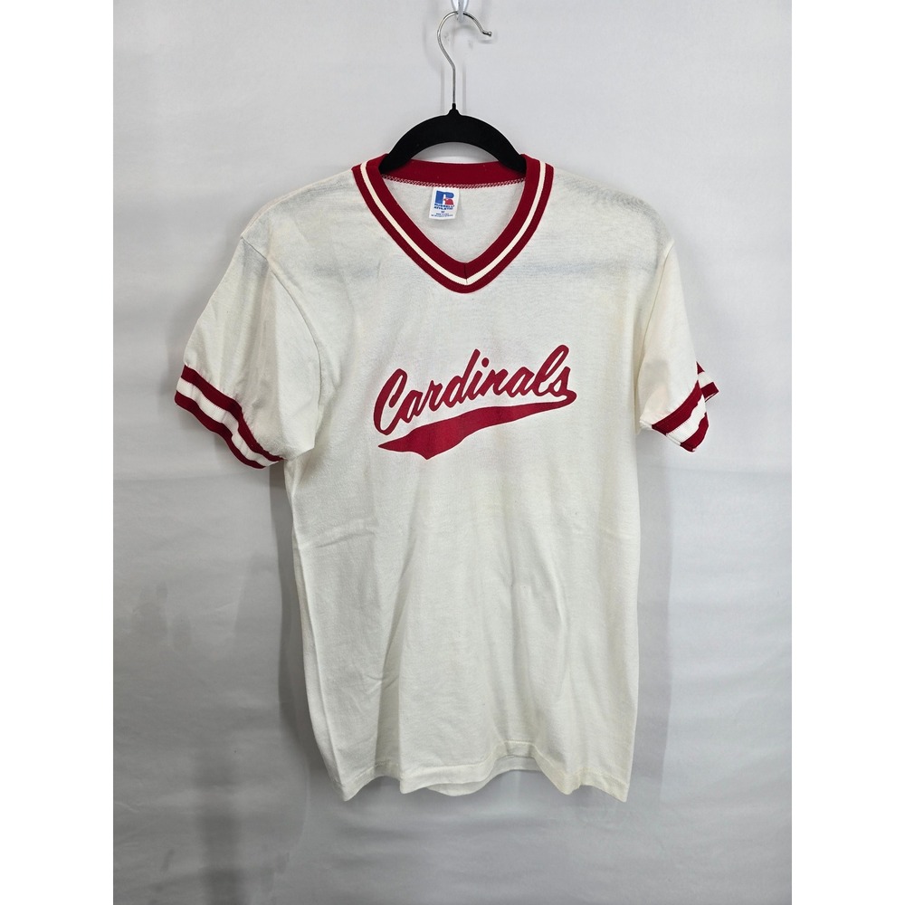 Vintage Russell Athletic Cardinals Ringer Tee V-Neck Made inUSA White Red Size M